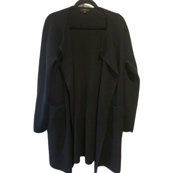 J Crew Sweater Open Cardigan Long Lagenlook Duster Black Sustainable L Merino - Picture 1 of 8
